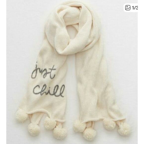 aerie Accessories - NWT Aerie "Just Chill" Pompom Cream Embroidered Knit Scarf, OS